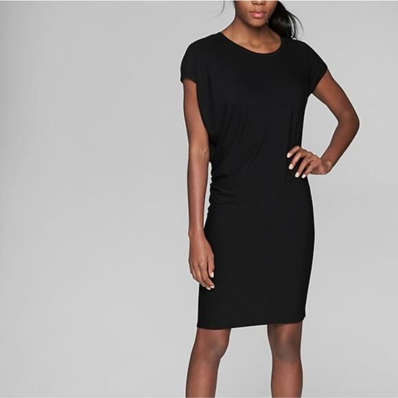 Athleta Drapes Crew Dress Black Ruched Sides - Picture 1 of 6